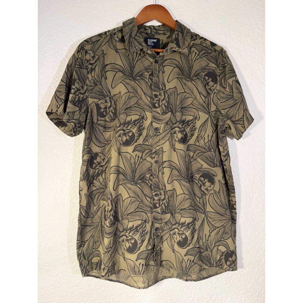 Cuidado con el Perro Mens Skull and Lily Print Button Down Shirt Olive Green L